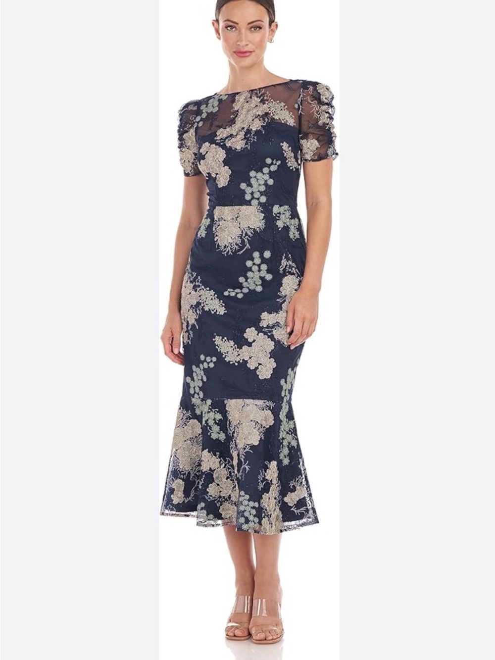 JS Collections Navy and Gold Embroidered Lace Midi Dress